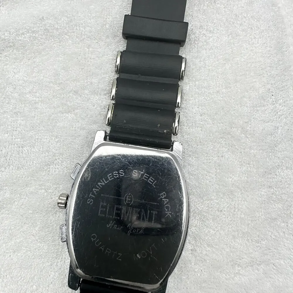 Element New York Quartz Tonneau Watch Silver Case Black Rubber Strap